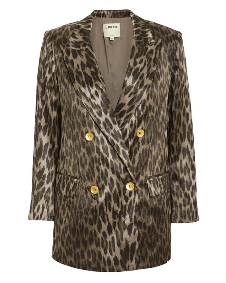 L'agence Taryn Leopard Print Silk Blazer Olive Leopard Print 2