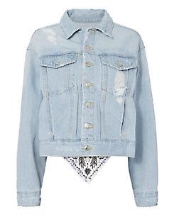 Sjyp Scarf Back Distressed Denim Jacket