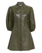 Ganni Balloon Sleeve Leather Mini Dress Olive 38