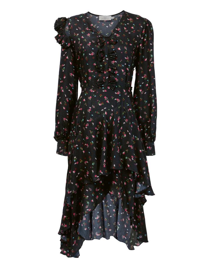 Preen By Thornton Bregazzi Floral Print Ruffled Hem Dress Black P