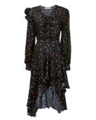 Preen By Thornton Bregazzi Floral Print Ruffled Hem Dress Black P
