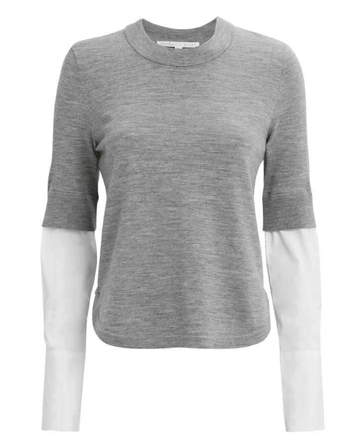 Veronica Beard Roscoe Poplin Sleeve Sweater Grey/white L