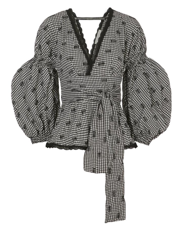Jonathan Simkhai Smocked Mixed Gingham Blouse Denim Zero