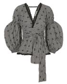 Jonathan Simkhai Smocked Mixed Gingham Blouse Denim Zero