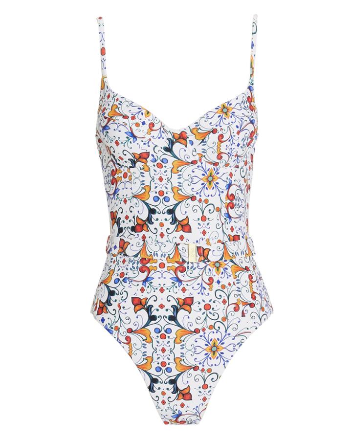 Onia Danielle Belted One Piece Swimsuit White/floral S