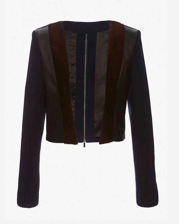 Barbara Bui Collarless Cropped Fur Trim Jacket