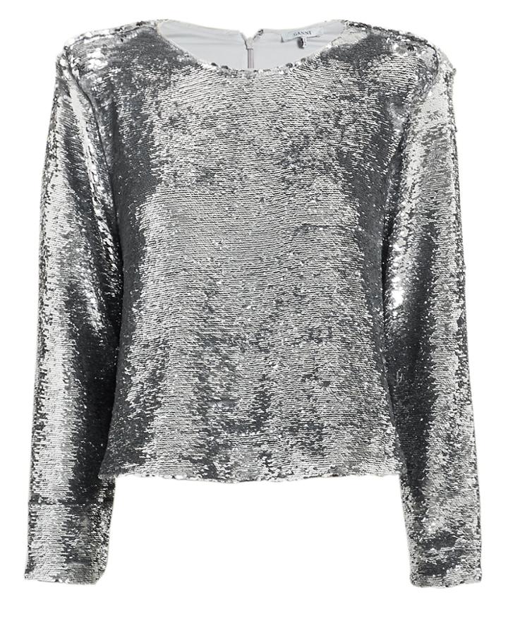 Ganni Crewneck Silver Sequin Top Silver 36