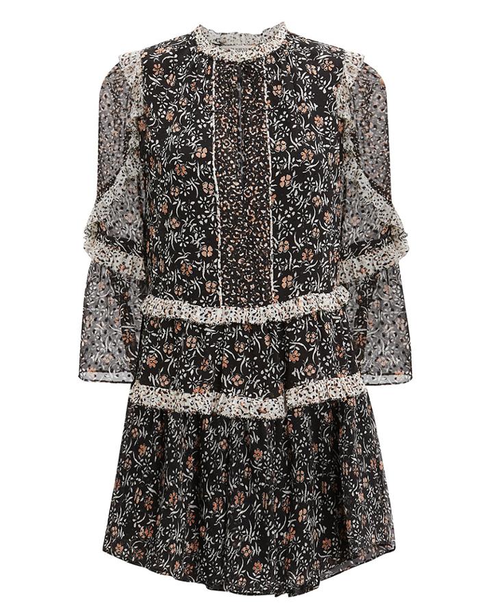 Ulla Johnson Essie Noir Mini Dress Dark Floral Patchwork Zero