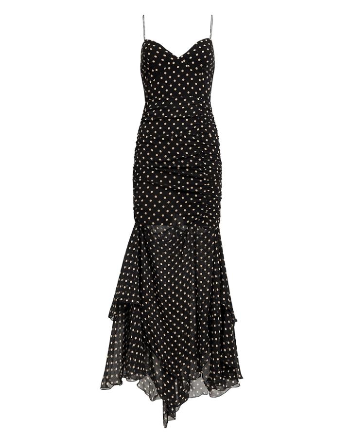 Nicholas Polka Dot Ruched Maxi Dress Black/beige 6
