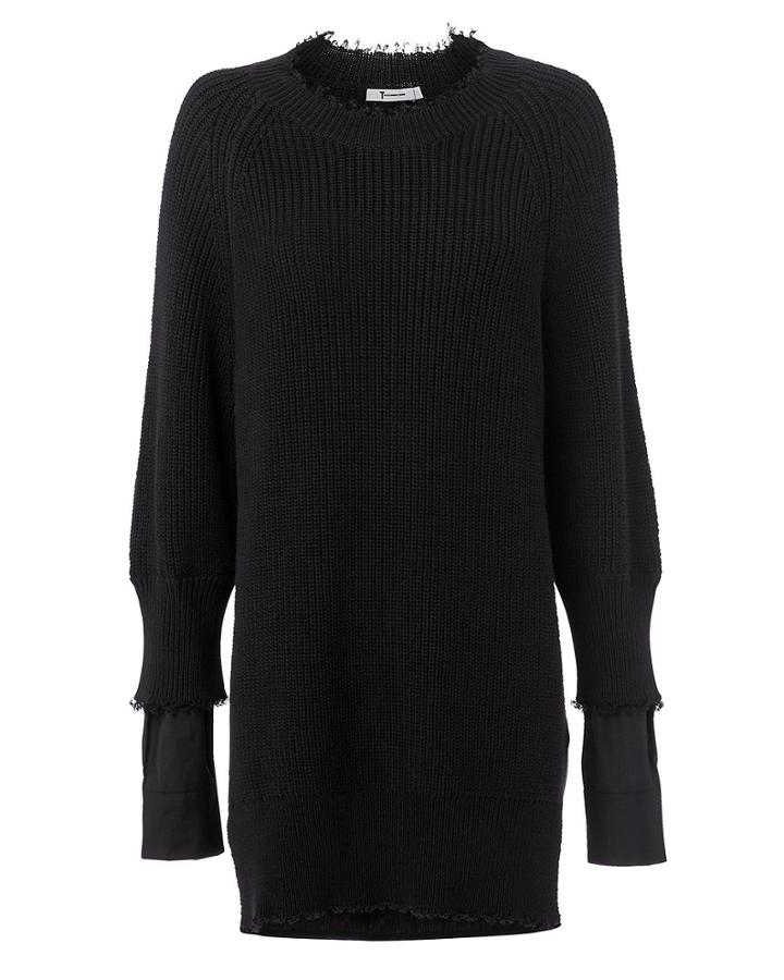 T By Alexander Wang Hybrid Meets Varsity Sweater Poplin Dress Black P