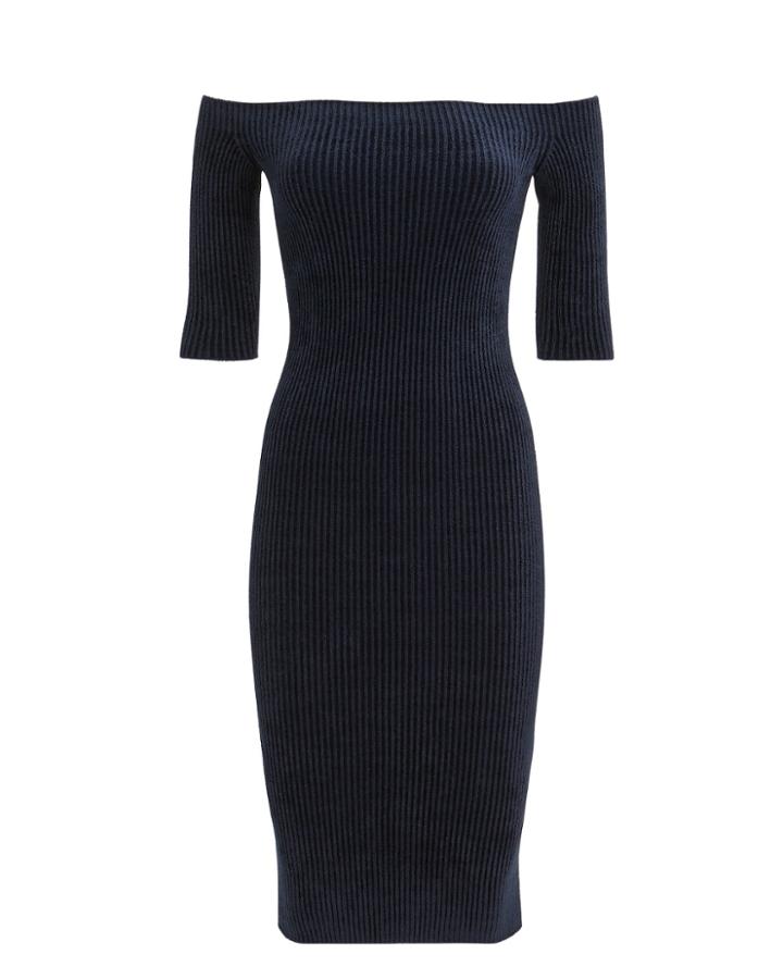 Helmut Lang Off Shoulder Velveteen Dress Navy P
