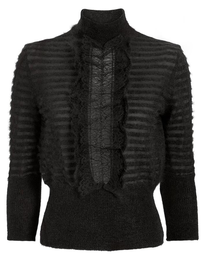Alberta Ferretti Lace Ruffle Front Top Black 42