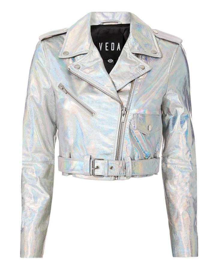 Veda Acid Mirror Cropped Moto Jacket Silver P