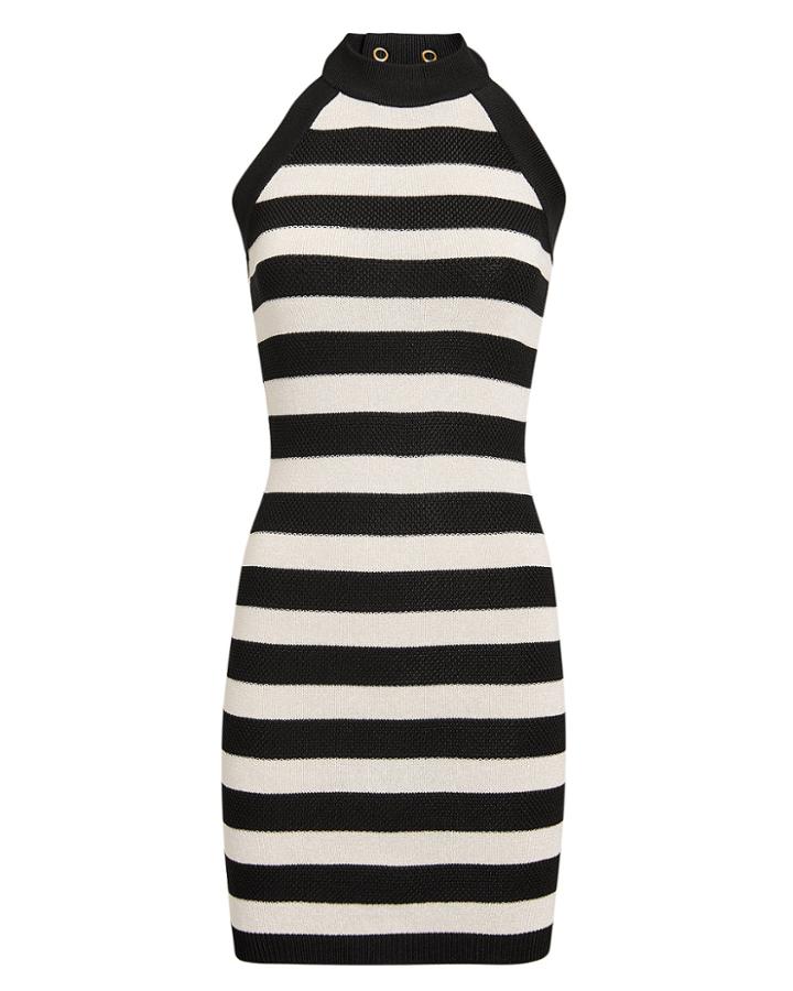 Balmain Black And White Striped Knit Mini Dress Black/white 38