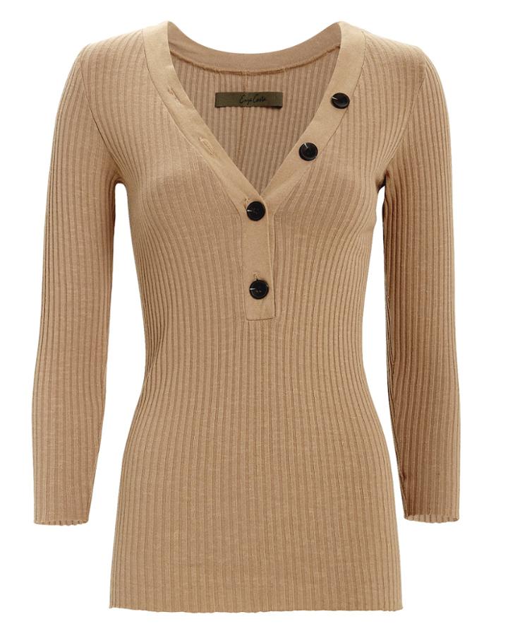 Enza Costa Beige Henley Ribbed Top Beige P
