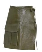 Ganni Leather Wrap Mini Skirt Olive 36