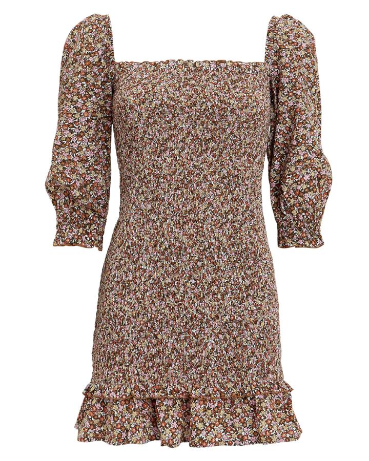 Faithfull The Brand Saada Floral Smocked Mini Dress Brown/floral S