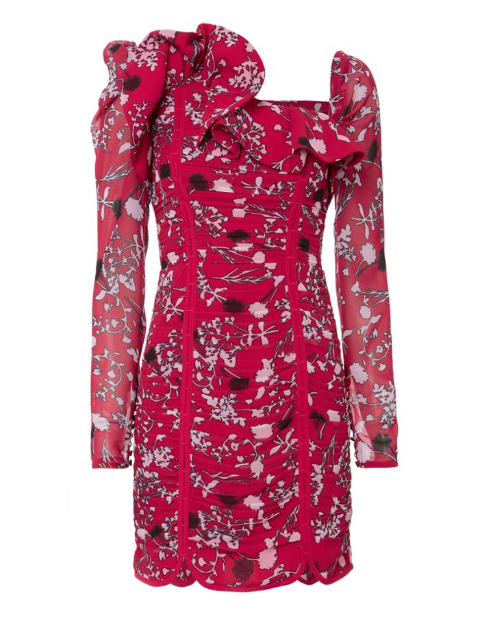 Self-portrait Ruched Floral Mini Dress Red Zero