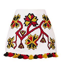 March11 Pom-pom Hem Embroidered Mini Skirt