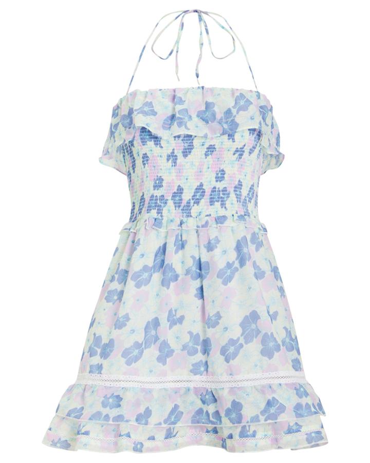 Kisuii Cosmia Smocked Halter Mini Dress Blue/floral S