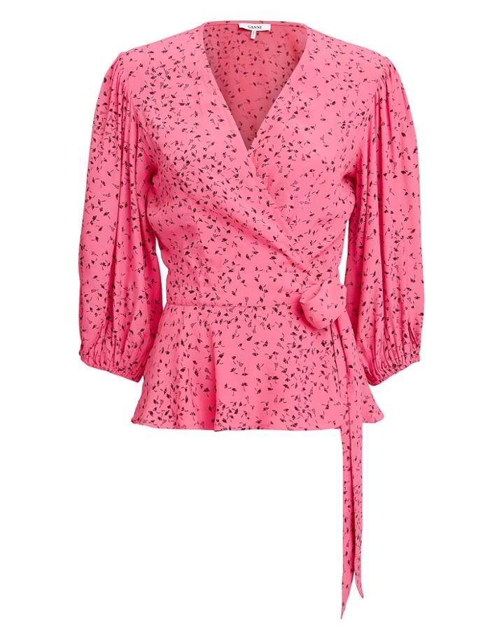 Ganni Barra Crepe Wrap Top Pink 34