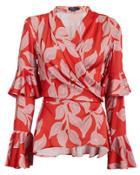 Patbo Leaf Print Ruffle Wrap Top Red/pink S