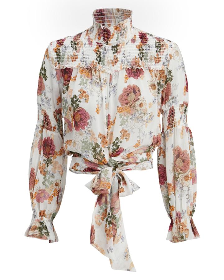 Nicholas Ivory Floral Print Smocked Top Ivory/floral Zero