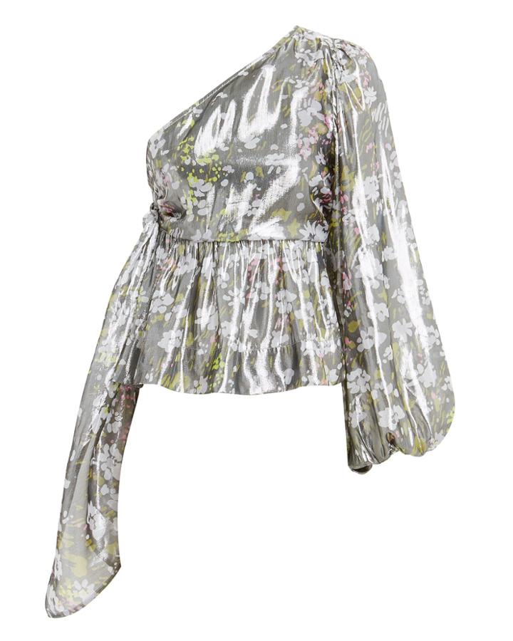 Ganni One Shoulder Metallic Silk Top Metallic/floral 38