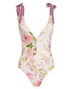 Zimmermann Heathers Tie Shoulder One Piece Swimsuit Ivory/pink Floral 1