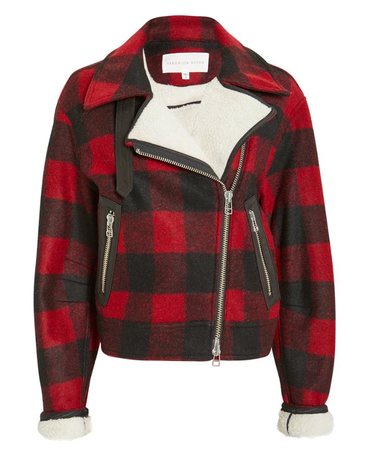 Veronica Beard Benni Moto Jacket Red Plaid M
