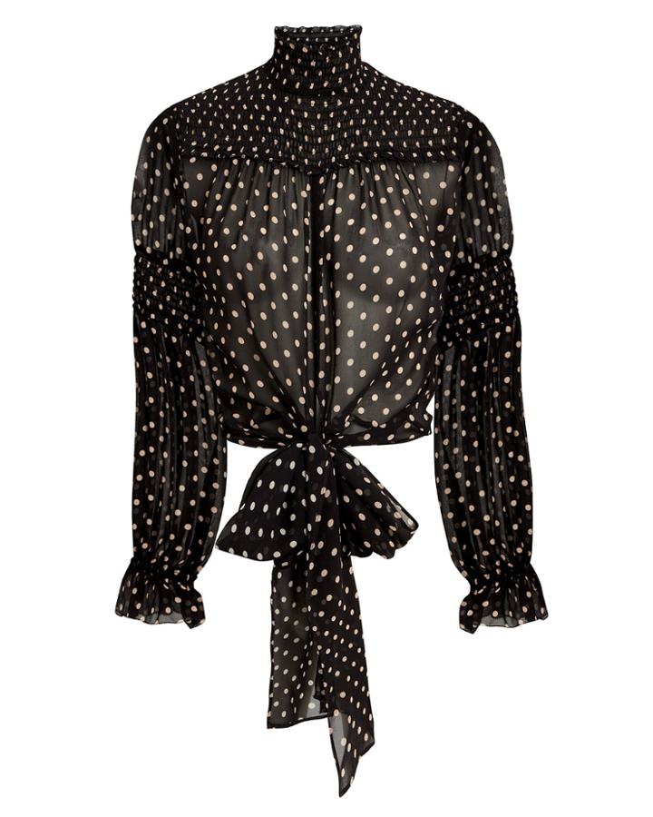 Nicholas Polka Dot Tie Front Smocked Top Black/beige 6