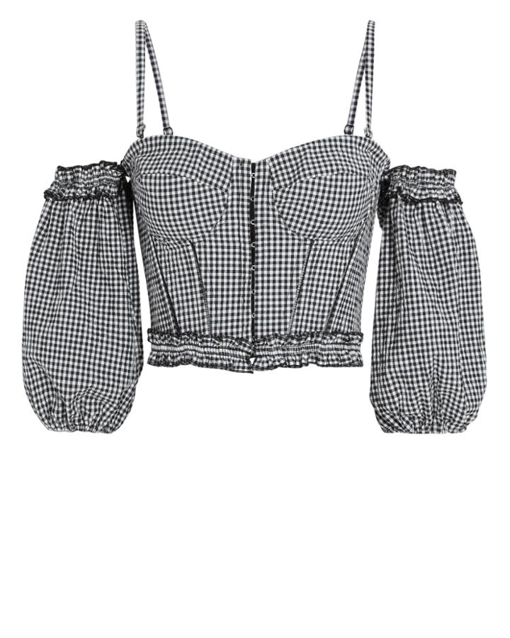 Jonathan Simkhai Puff Sleeve Gingham Bustier Top Black/white Gingham 2