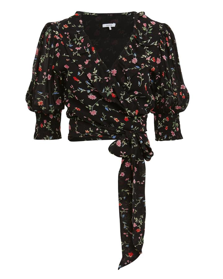 Ganni Printed Georgette Black Floral Wrap Top Black Floral 40