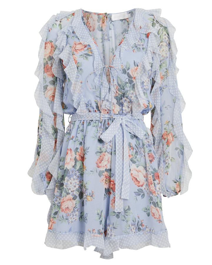 Zimmermann Bowie Frill Playsuit Light Blue/floral Zero