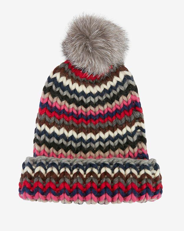 Eugenia Kim Rain Chevron Knit Fur Pom Hat