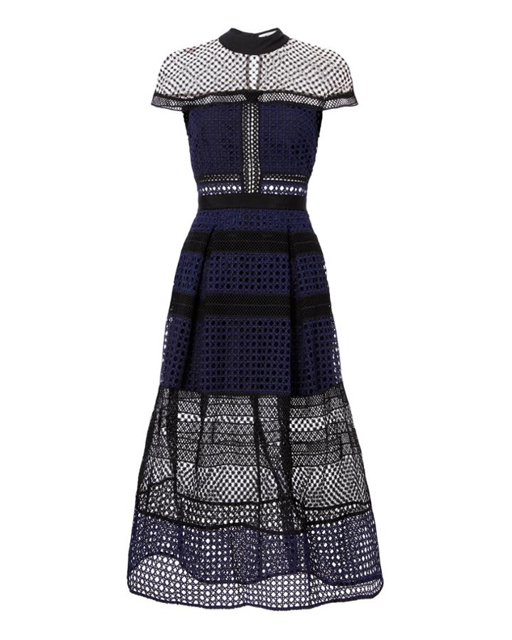 Self-portrait Lace Paneled Navy Midi Dress Navy 2