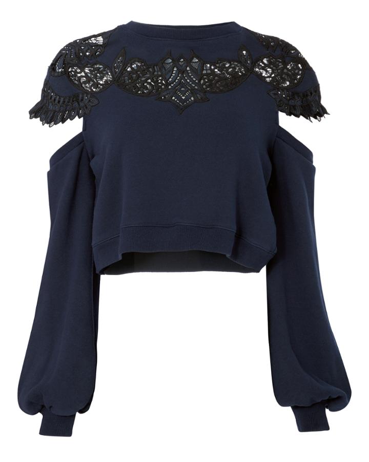 Jonathan Simkhai Lace Appliqu Drop Sleeve Cropped Sweatshirt Navy S