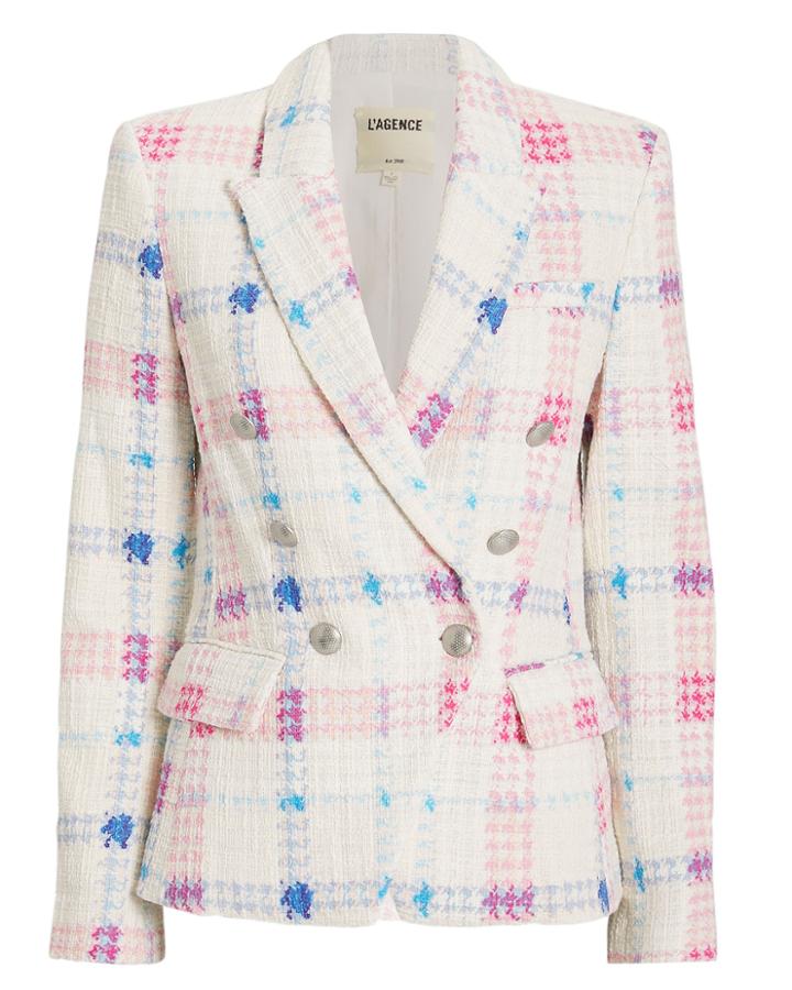 L'agence Kenzie Tweed Gingham Blazer Ivory/red/blue 8