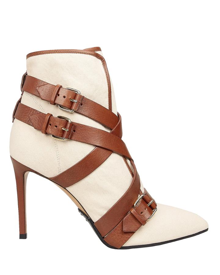 Balmain Jackie Canvas Buckled Strap Booties Ivory/brown 38.5