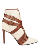 Balmain Jackie Canvas Buckled Strap Booties Ivory/brown 38.5