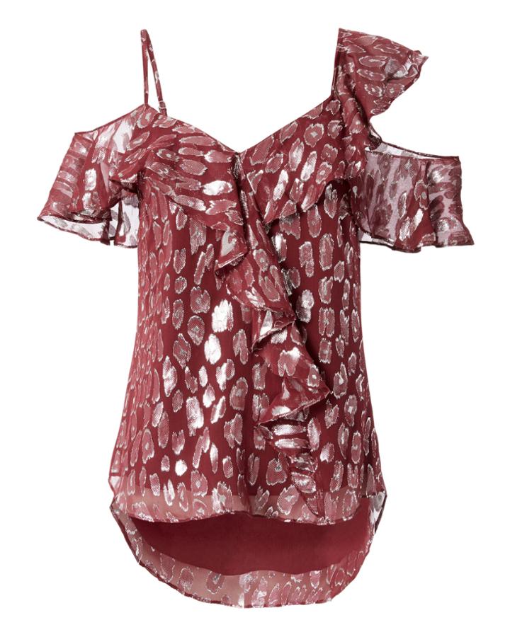 Veronica Beard Benton Leopard Cold Shoulder Top Red Zero
