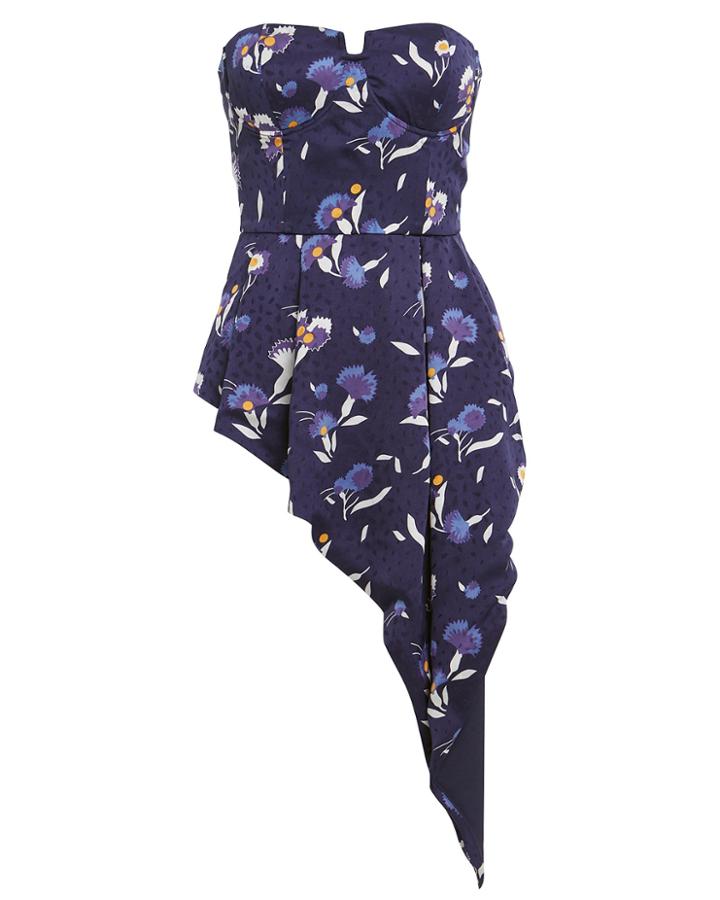 Self-portrait Botanical Printed Silk Bustier Top Blue/floral 2