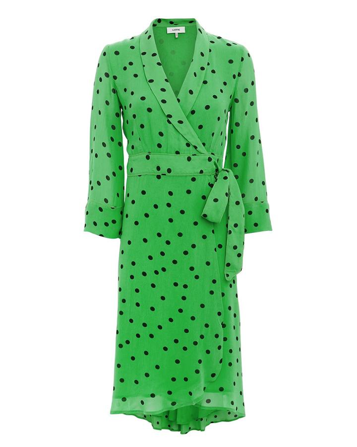 Ganni Green Polka Dot Wrap Dress Green 34