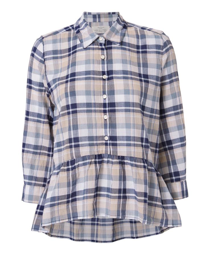 Birds Of Paradis Navy Plaid Peplum Hem Top