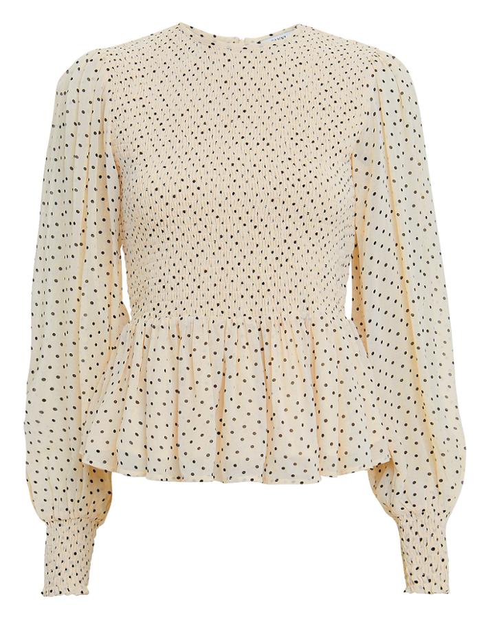 Ganni Printed Georgette Smocked Ivory Top Ivory/black Polka Dot 40