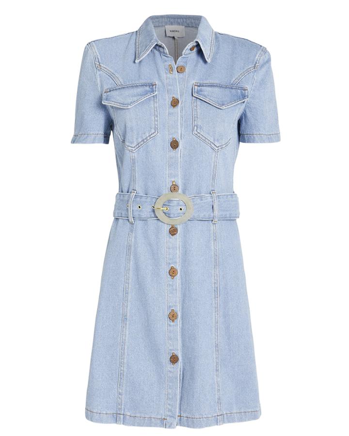 Nanushka Mora Belted Denim Shirt Dress Light Wash Denim S