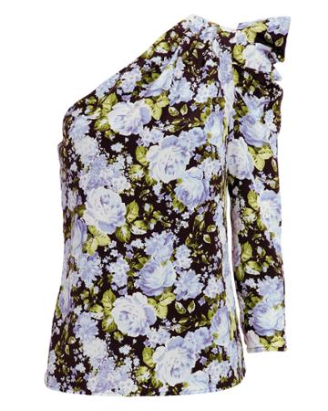 Les Reveries One Shoulder Floral Silk Top Blue Floral 2