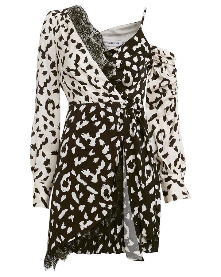 Self-portrait Leopard Asymmetric Crepe Dress Black/white Leopard Zero