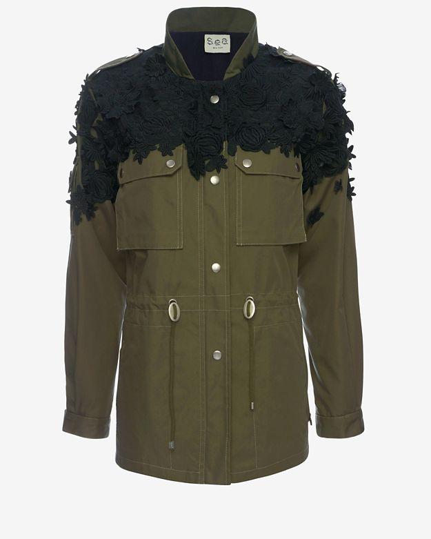 Sea Embroidered Lace Detail Military Jacket