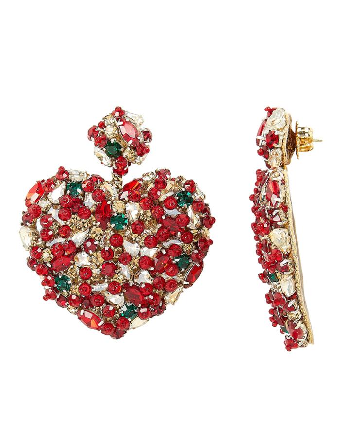 Deepa Gurnani Heart Crystal Earrings Red/green 1size